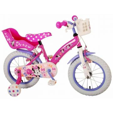 Bicicleta, Volare, Minnie Mouse Cutest Ever, Cu pedale, Cu roti ajutatoare, 14 inch, Cu cosulet frontal, Cu scaunel pentru papusa, 4 ani+, Violet