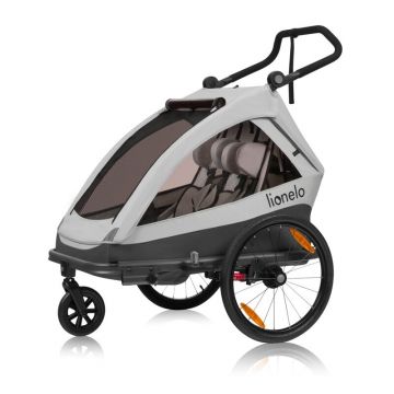 Carucior si remorca de bicicleta, Lionelo, Cama, Multifunctional, Pentru 1 sau 2 copii, Cu sistem de absorbtie a socurilor SIQ, Geamuri cu protectie solara, Gri