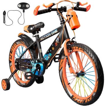 Bicicleta copii cu far si claxon inclus, roti ajutatoare si bidon, Action One, Nova, 18 inch, Orange