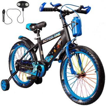 Bicicleta copii cu far si claxon inclus, roti ajutatoare si bidon Action One, Nova II, 18 inch, Albastru