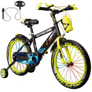 Bicicleta copii cu far si claxon inclus, roti ajutatoare si bidon Action One, Nova II, 18 inch, Verde neon