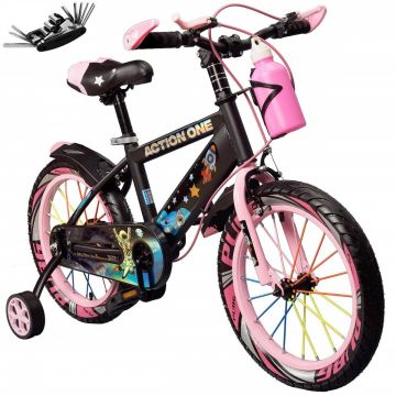 Bicicleta copii cu set de chei inclus, roti ajutatoare si bidon,  Action One, Kiddo II, 12 inch, Roz