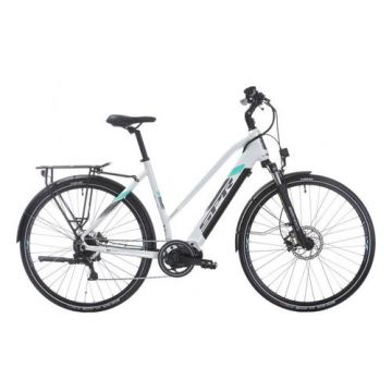 Bicicleta electrica Sprint E-Trekking Faster Plus Lady, roti 28inch, motor 250W, baterie 36V/450Wh, 12.5Ah, frane hidraulice pe disc (Alb/Turcoaz)