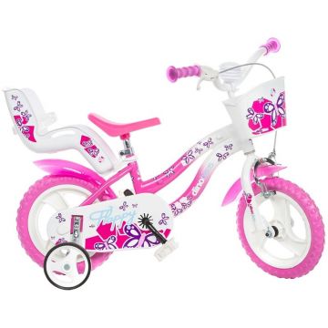 Bicicleta cu pedale, Dino Bikes, Flappy, Cu roti ajutatoare, Cu cosulet frontal, Cu scaunel pentru papusa, 12 inch, Pana la 40 kg, 3 ani+, Roz