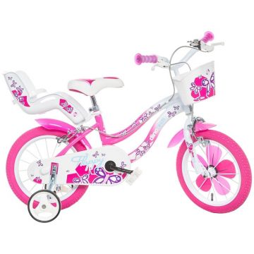 Bicicleta cu pedale, Dino Bikes, Flappy, Cu roti ajutatoare, Cu cosulet frontal, Cu scaunel pentru papusa, 16 inch, Pana la 125 cm, 6 ani+, Roz