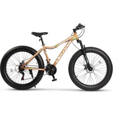 Bicicleta Fat-Bike Wolf Velors V2605D, Schimbator Shimano Tourney 21 Viteze, Roti 26 Inch, Frane pe Disc, Maro/Alb